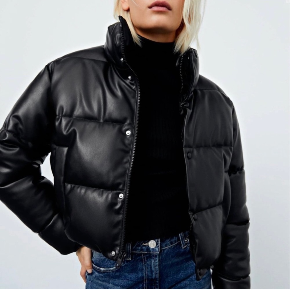 Zara Cropped Faux Leather Puffer Jacket (Size - XS) WORN ONCE